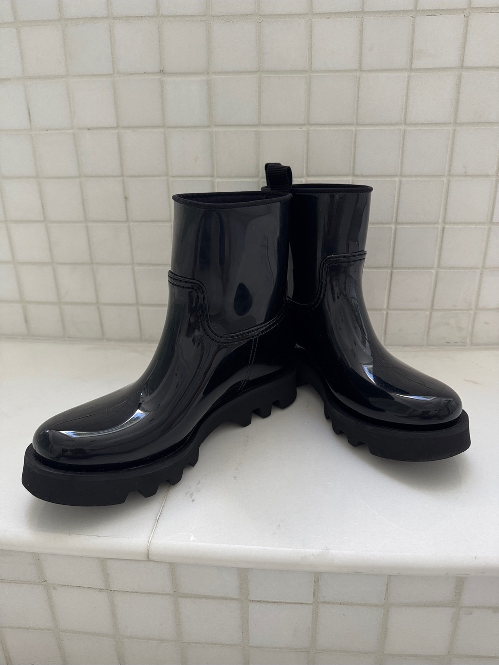 Moncler Black Gloss Chunky Lug Rain Ankle Boots, 39